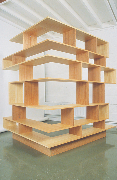 Book Snake Shelf 2002 Plywood, cherry veneer, lebanese cedar veneer, pine veneer, solid cherry wood, knock-in ﬁttings. Unique 2000 x 1400 x 1800mm Capacity: 524 books