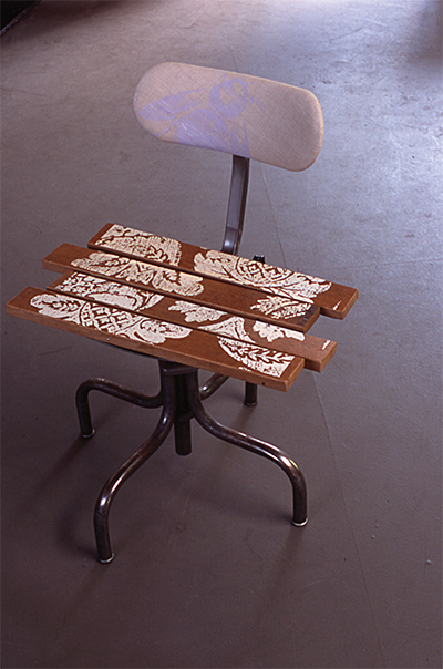 Suzy Chair 2002 Office chair, custom screen printed wooden slaps, re-upholstered back 45 x 45 x 70cm, Unique