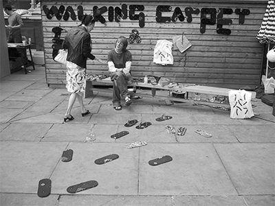 Walking Carpet Flipflops
2003,
Carpet, leather, rivets
Edition of 80