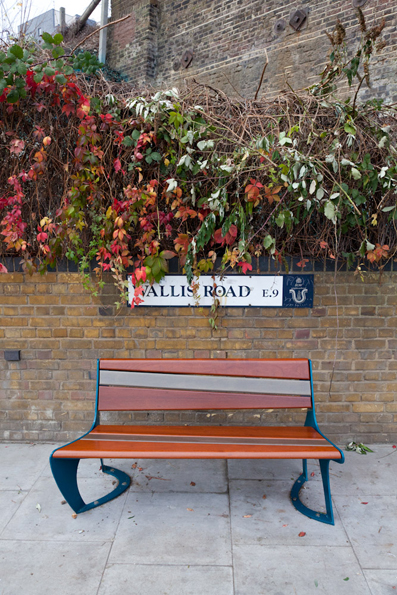 Bench To Bench 2011
Hackney Wick, London
Concrete, laser cut and rolled steel - galvanised and powder coated, wood composite (made from a composite of recycled hardwood fibre and high density polythene), reclaimed tatajuba (wood) from the Chelsea College of Art, London