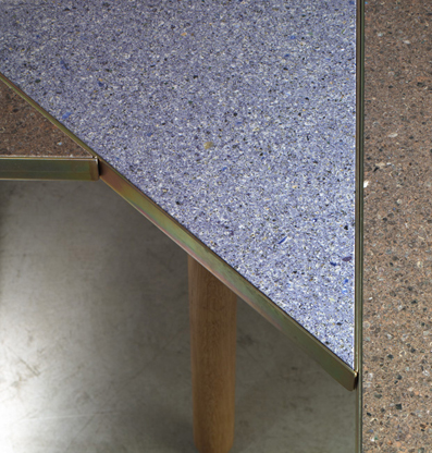 Tangram 2008,
Modular tables made from terrazzo, galvanized steel, oak, walnut, ash legs, marble gravel. Dimensions variable, 3 different heights:
42/ 57/ 72 cm