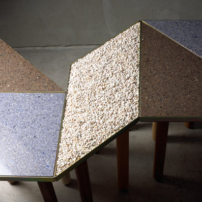 Tangram 2008,
Modular tables made from terrazzo, galvanized steel, oak, walnut, ash legs, marble gravel. Dimensions variable, 3 different heights:
42/ 57/ 72 cm