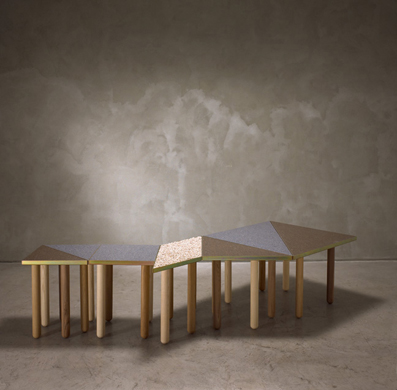 Tangram 2008,
Modular tables made from terrazzo, galvanized steel, oak, walnut, ash legs, marble gravel.
Dimensions variable, 3 different heights 42/ 57/ 72 cm